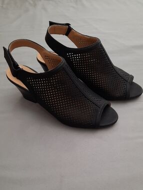 Black Perforated Slingback Peep-Toe Wedge Sandals - Size 7